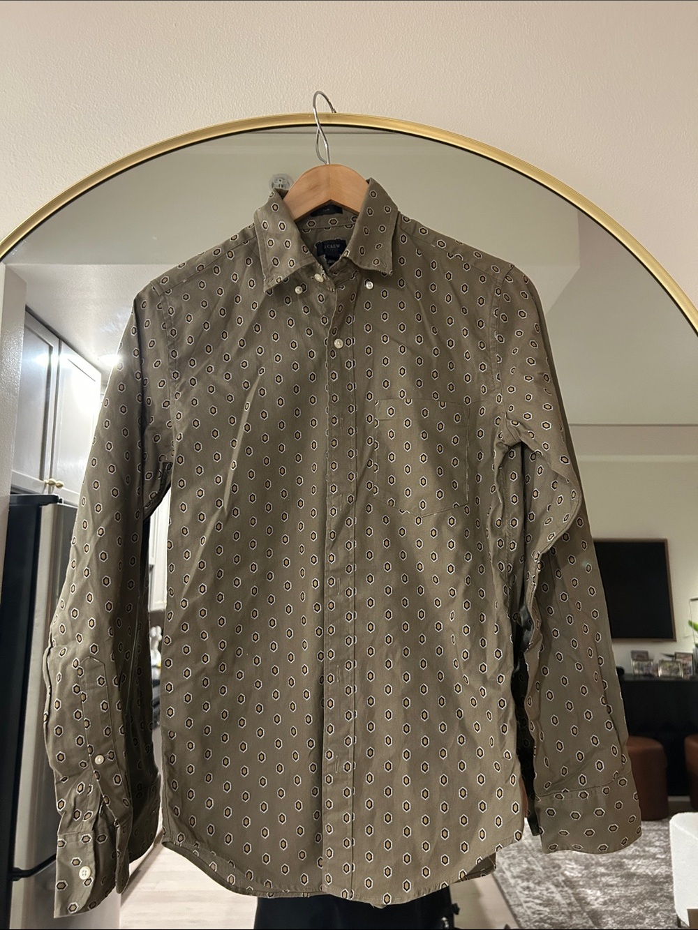 J. Crew Olive Button-Up Shirt with Navy and Mustard Geometric Print